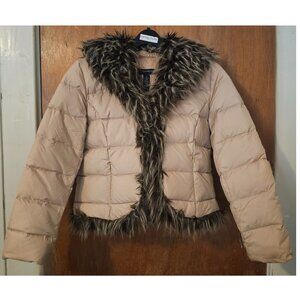Vintage INC S/P Faux Crop Tipped Fox Fur Trim Down Fill Puffer Coat Zip Pockets